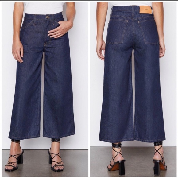 FRAME Le Italien Wide Leg High Rise Rigid Dark Denim Cotton Jeans in Rinse | 27 - Picture 2 of 8